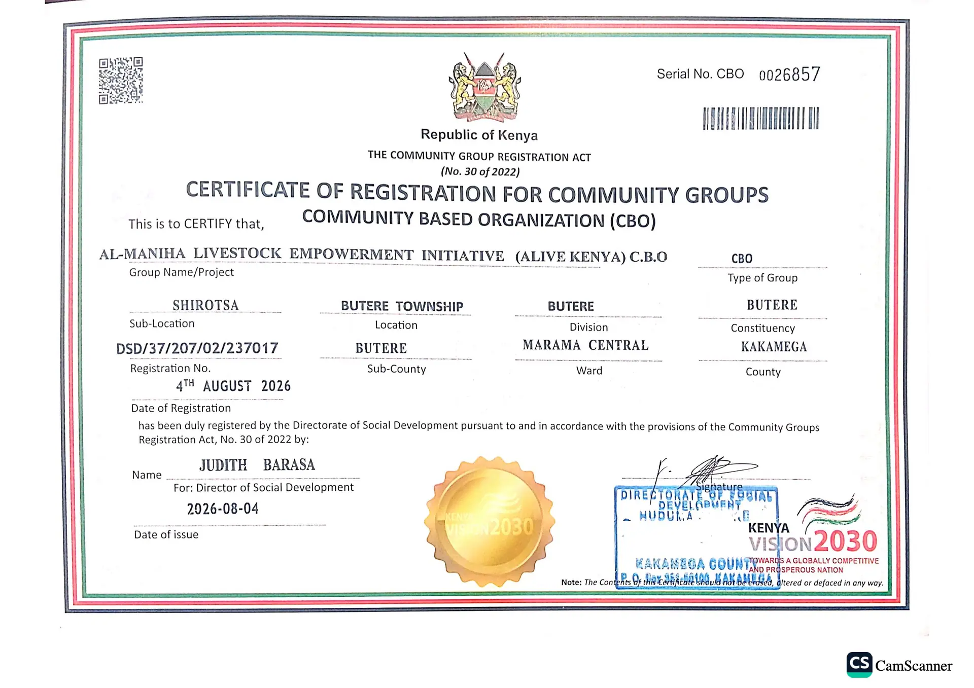 Certificate of Registration for Community Groups issued to Al-Maniha